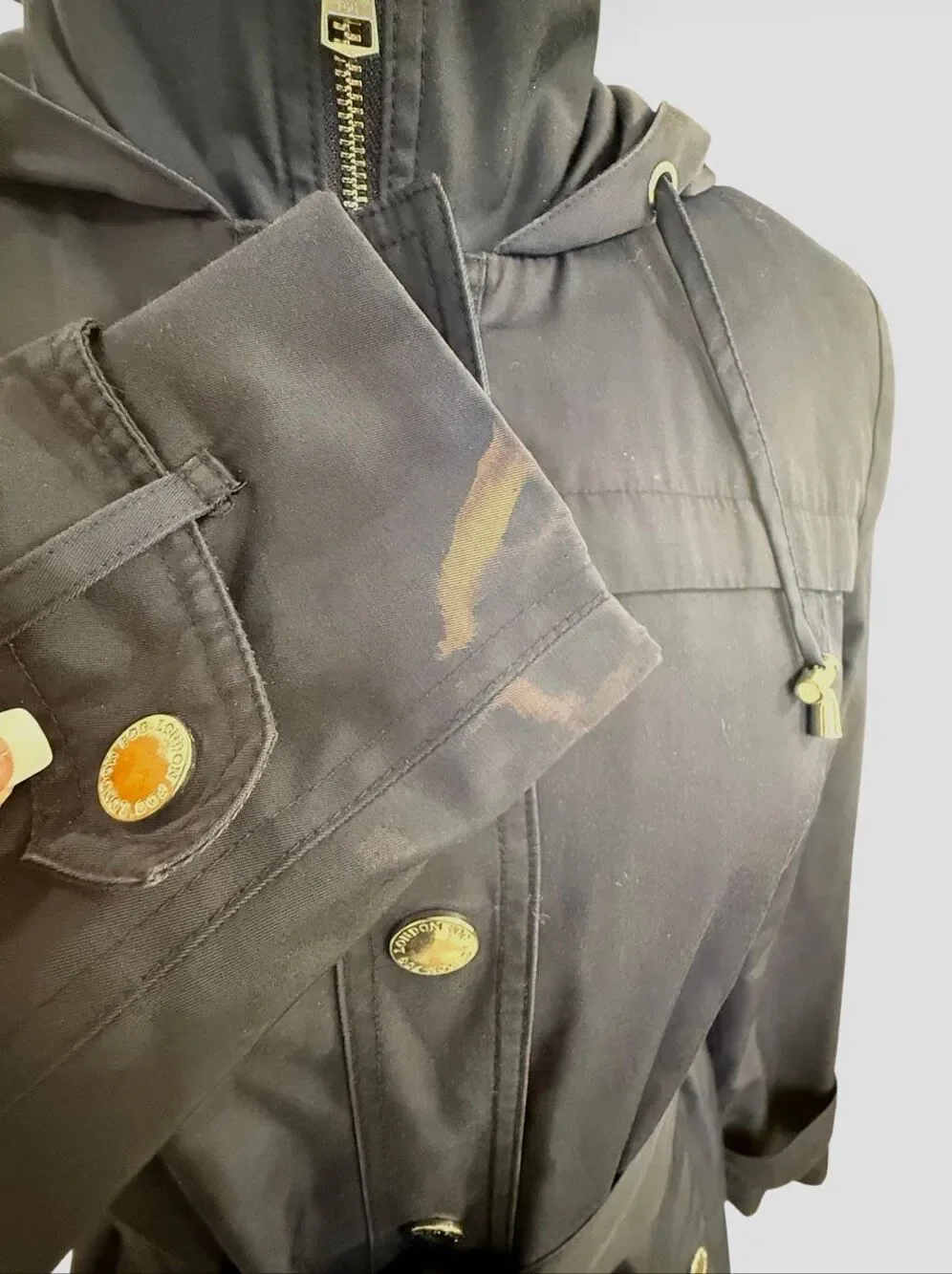 London Fog Hooded Belted Zip Front Raincoat Navy Blue Sz. Small Classic